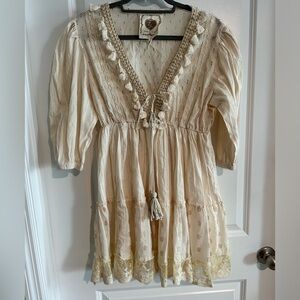 Z&L EUROPE Tassels Lace Trim Tiered Cotton Mini Dress in Ivory-Metallic sz L EUC